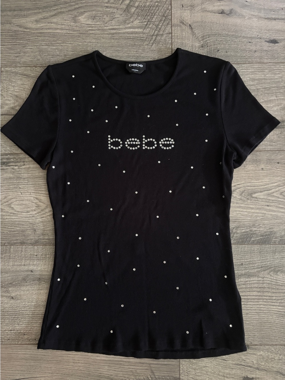 bebe Black Short Sleeve Tee with Rhinestone Logo